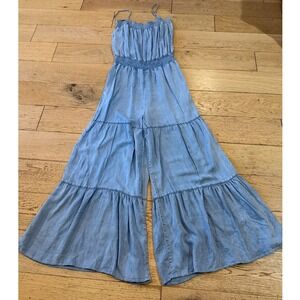 Wisteria Lane Denim Chambray Tiered Wide Leg Jumpsuit Women's